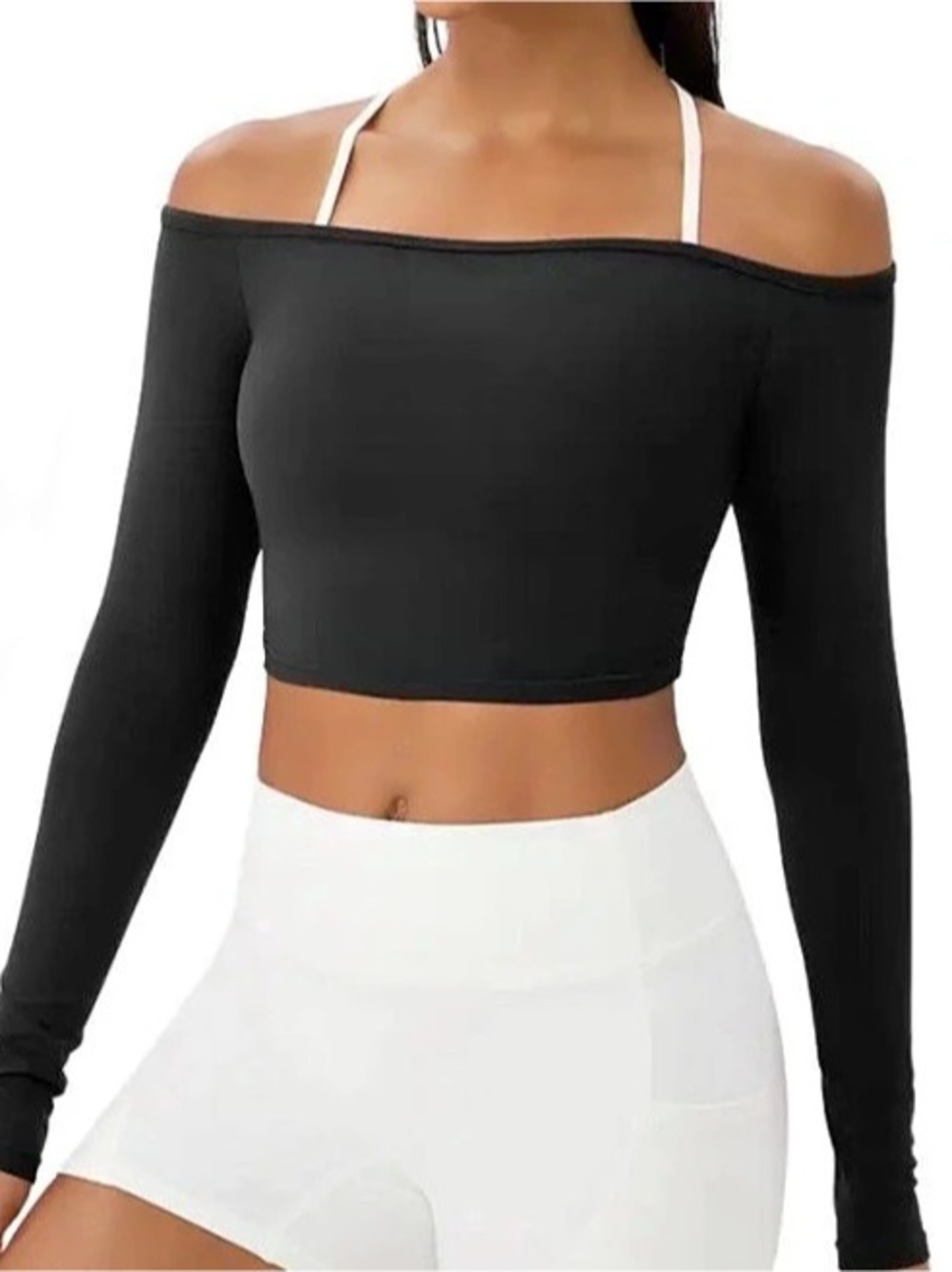 Sodalemon Black Off Shoulder Long Sleeve Crop Top